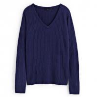 韩版细绞花V领套头衫 深蓝色